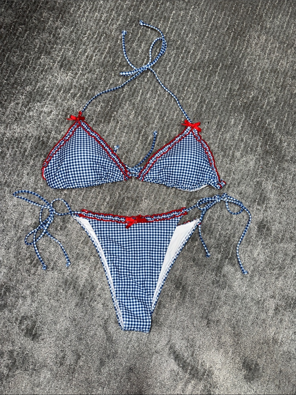 White Fox Boutique Blue Gingham Triangle Bikini with Red Trim, xl bottoms, l top